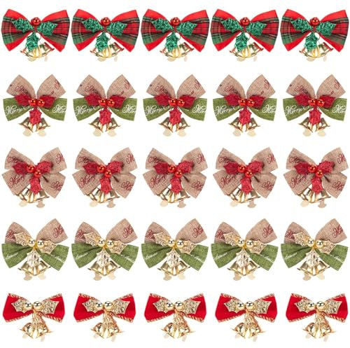 Johiux 25 Pcs Christmas Bows for Tree Decoration,Wreath Making Supplies Bows,Xmas Small Bow with Bell for Gift Wrapping Christmas Craft Supplies Wrapping Accessories 5x4cm. (25)