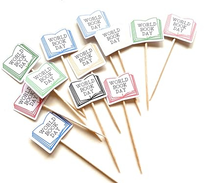 World Book Day cake toppers, World Book decorations, 12 mixed colour books for World Book Day food party picks reading and books hobby food flag sticks