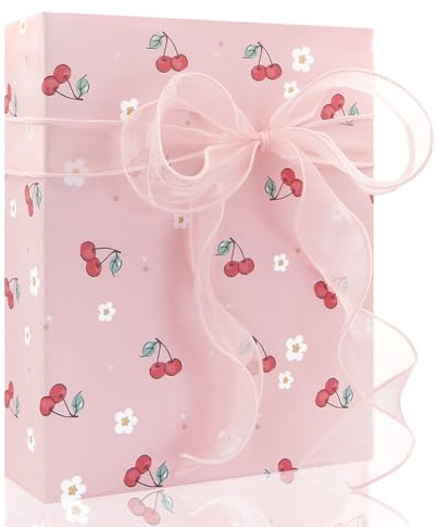 Geschenkpapier Kirsche, rote Kirschen und weiße Blumen in Rosa Geschenkpapier für Muttertag, Geburtstag, Babyparty, Hawaii Mottoparty, Aloha Luau Pool Party, 4 Blatt flach gefaltet 50x70cm