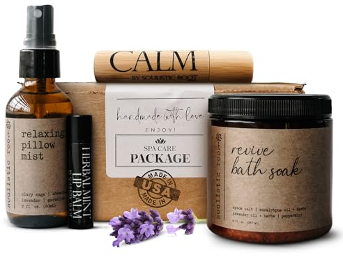 SOULISTIC ROOT Self-Care Set - Luxury Spa Bath Kit, Pillow Mist, Cooling Lip Balm, Tranquil Essential Oil Roller & Epsom Salt Bath Soak Pampering Package, Holistic Gifts for Him & Her