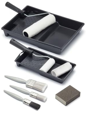 Walls & Ceilings 11 Piece Painting Kit – 9 & 4 Roller Set, Paint Trays, Brushes & Sanding Block | Emulsion & Gloss Decorating Set for Walls, Doors & Detail Work