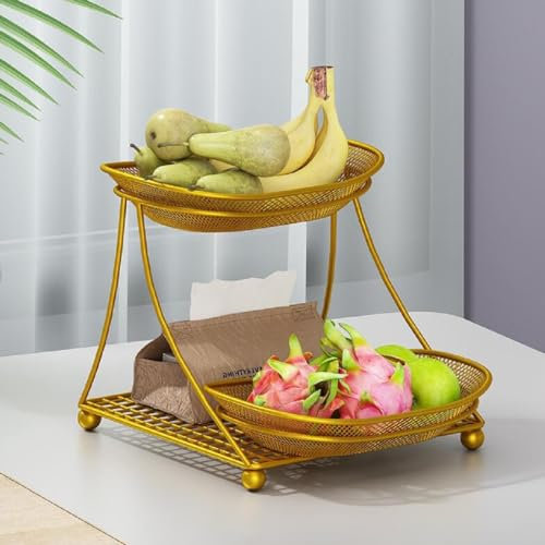 JUNYFFF Fruit Bowl, Tiered Fruit Basket – 25X23x22cm – Modern Fruit Bowl Large 2 Tier – Fruit Basket Etagere in Metal for Keeping Fruit, Vegetables And Bread Keeps Fruits Fresh,Gold