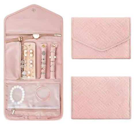 ZONABSQQ Faltbare tragbare Reise-Schmucktasche for Halskette, Ohrringe, Ringe, Schmucketui, Organizer, Reise-Aufbewahrungstaschen for Frauen(Pink)