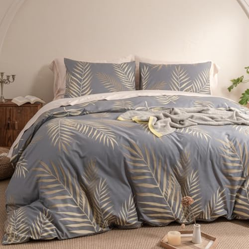 Gezu Housse de Couette Doré 240x260 Motif Feuilles de Palmier Tropicales Parure de Lit 240x260 Or et Gris Botanique Linge de Lit 2 Personnes Adulte avec Fermeture Éclair et 2 Taies d'oreiller 65x65cm