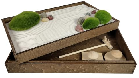 Sunny Lark Wooden Stackable Zen Garden | White Sand with Rake & Accessories | Minimalist Decor Gift for Relaxation