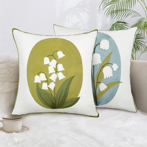BREASOME Housse de Coussin 45x45 cm, Lot de 2 Housses de Coussin Motif de Muguet Brodé Taie d'oreiller Décorative Carrée pour Canapé Maison Salon Chambre à Coucher