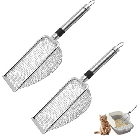 XHYASD 2 Stück Katzenschaufel für Katzenklo, Katzenklo Schaufel Edelstahl, 3.8 mm Porengröße Katzenstreuschaufel, Katzenschaufel für Alle Katzenstreu