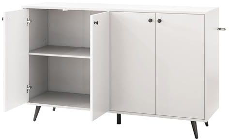 KOMFOTTEU Bufféskåp med 5 fack justerbara hyllor, modernt köksskåp med 4 dörrar, byrå med tippskydd, köksskåp för vardagsrum hall, 127,5 x 38 x 80 cm (vit)