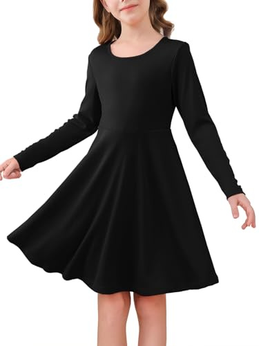 Haloumoning Robe pour fille à manches longues, col rond, style décontracté, ligne A, élégante, robe de fête, uni, décontractée, robe midi festive, mariage, enfants, 5-14 ans, Noir , 9-10 ans