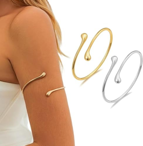 XENQITO 2 Stück Goldene Spiral-Armmanschette Armreif Gold Silber Damen, Minimalistisches Armreif Oberarm, Oberarmreif, zarter geschichteter Armreifen Armschmuck für Damen