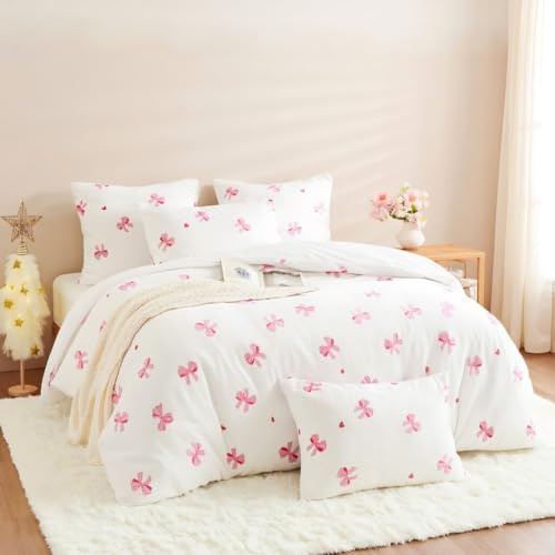 Nayoroom Winter Bettwäsche 135x200 Flanell Rosa Schleifen Plüsch Bettbezug | Mädchen,Fleece,Warm,Winterbettwäsche,Cashmere Touch,Flauschig,Weiß,Kuschelig,ÖKO-TEX,Wendebettwäsche,Kissenbezug 80x80 cm