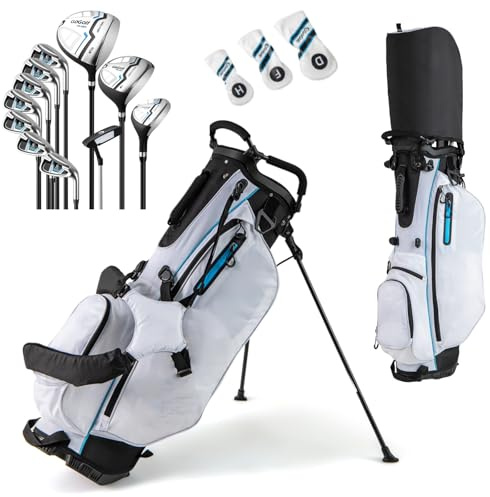 GYMAX Golf Clubs for Men Women, 12PCS Right Handed Complete Golf Set - 3 Woods (#1#3#5), 5 Irons (#5#6#7#8#9), Sand/Pitching Wedge, Putter, 3 Head Covers, Rain Hood & Stand Bag (White)