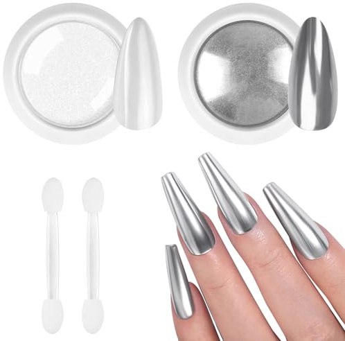 BUTBU Chrome Nail Powder, 2 Farben Pigment Für Nägel, chrome nail powder | Neon Glassy Ice Cromepulver Glitzerpuder, Meerjungfrau Pigment Perle Glitter Staub, für-Nail Art Dekoration(Weiß/Silber)