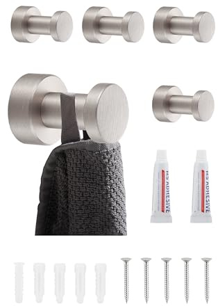 BGL Wandhaken Gebürstetes Nickel - Set mit 5 Stück | Rostfreie Metall- Handtuchhaken für Bad & Küche | Selbstklebend oder zur Wandmontage