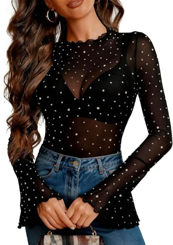 InfiniZer Women's Sexy Top - Black Long Sleeve Top with Rhinestones, Mesh See Through Bell Sleeve Blouse, Scalloped Edge Stand Collar Tops for Party Wear (UK, Alpha, XL, Regular, Regular, Black)
