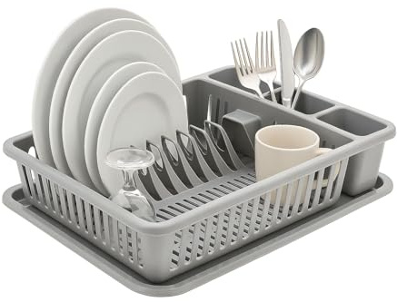 BH | Dish Drainer Rack with Drip Tray | Nordic Grey | Large Plastic Plate Cutlery Cup Holder | Kitchen Sink Utensil Organizer | Food-Grade BPA-Free - Pack of 1 - By BEST HOUSE