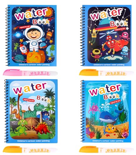 4 Pcs Magic Water Colouring Books,Reusable Water Painting Book for Children | with 4 Pieces Water Pen Animal Magic Painting Book for Kids Toddler Educational Toy