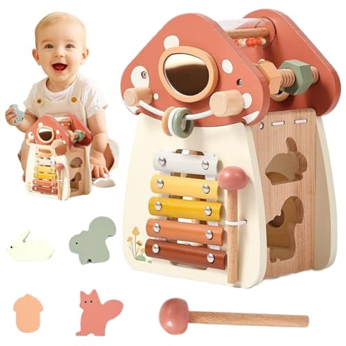 Cubo de actividades para bebés en forma de hongo 5 en 1, juguetes de madera para bebés, clasificador de formas de aprendizaje educativo, cubo de actividades para niños, niños y niñas, cumpleaños