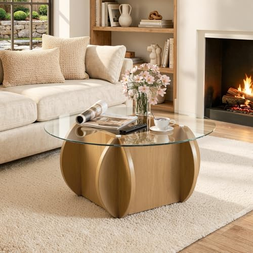 Aivermeil Round Glass Coffee Table, Modern Coffee Table with Glass Top and Wood Base, Minimalist Circle Coffee Table for Living Room, Small Round Coffee Table for Apartment, Office & Lounge, Natural