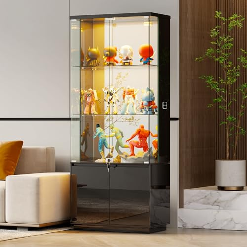 Gurexl 180cm Glass Display Cabinets with 3 Color Lights for Bedroom,Black | High Gloss Cupboard Cabinet with Body Sensor,Curio Cabinet with Lockable,Bar Cabinet for Curio,Collection,Trophy,Living Room