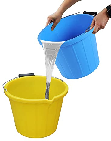 Heavy Duty 14L Builders Bucket Set Of 2 – Industrial 3 Gallon Plastic Construction Bucket With Metal Handle, Multi-Purpose For Cement Mixing, DIY, Cleaning & Garden – (Sky Blue And Yellow)