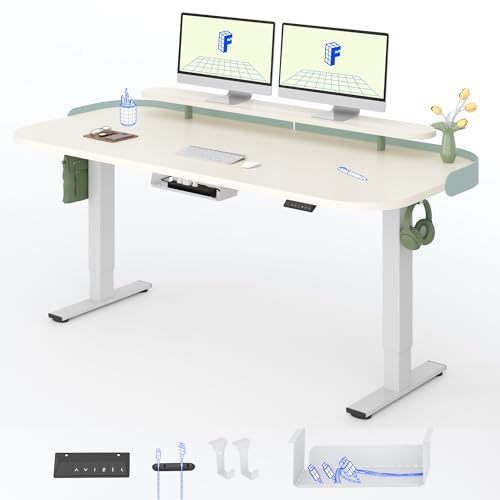 FLEXISPOT Elektrisch höhenverstellbarer Schreibtisch 160x80 cm – mit Monitoraufsatz und seitlichem Lederband, 71,5–116 cm, leiser Motor, stabil für Homeoffice (mousseweiß + Weiß Gestell)