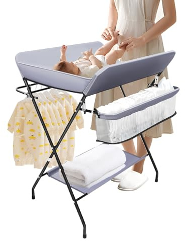 Baby Wickeltisch, Baby Klappbar Wickelkommode, Wickeltisch mit Wickelauflage, Sicherheitsgurt und Ablagefächern, maximale Belastung 25 kg, für Babys unter zwölf Monaten 80 × 63 × 16 cm(Dunkelgrau)