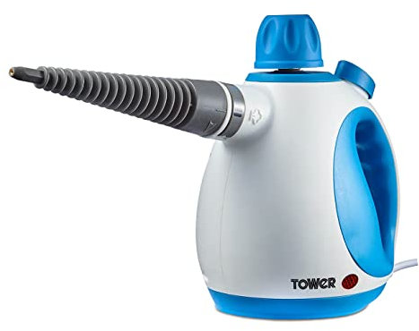 Tower THS10 Handheld Steam Cleaner, Includes Crevice Tool, Flexible Hose, 1050 W, Brush Tool, Microfiber Cloth, Blue, 250 ml Capacity