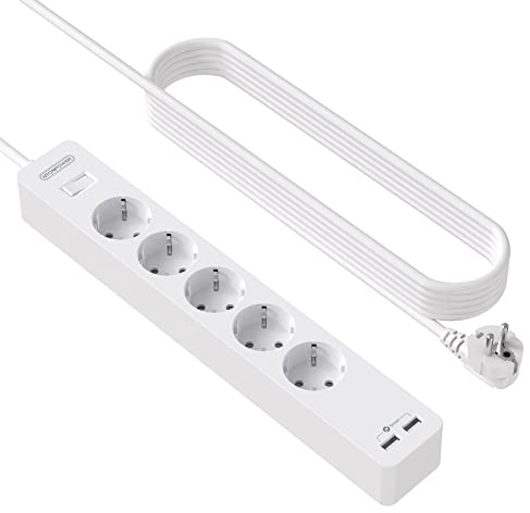 5-vägs grenuttag, 3 m med USB, NTONPOWER flera uttag, överspänningsskydd, väggmontering, använd lim, lång förlängningskabel barnsäkring, vit, flerdelad