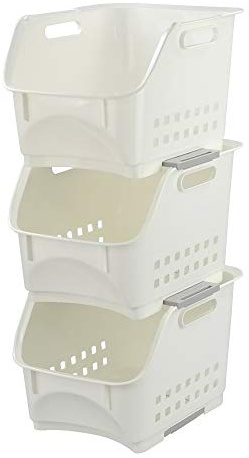 Nesmilers 3 Tiers White Stackable Basket, Plastic Kitchen Stacking Baskets