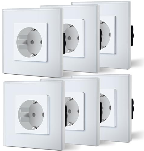 BSEED Schuko Steckdose 6er Pack, 16Amp AC Power Kristallglas Platte, 1 Fach Unterputzdose Steckdose, 86mm Single Schutzkontaktbuchse Wandsteckdose Wandsteckdose Weiß