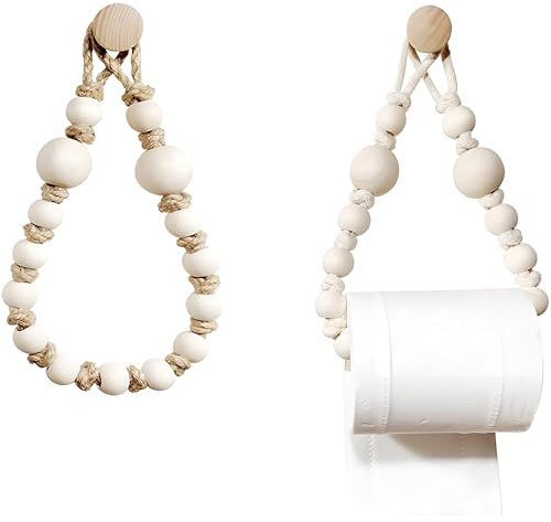 BOLWHAO Rope Toilet Paper Holder, Wood Bead Hemp Rope Towel Holder, 2 Pcs Wall Mount Boho Toilet Tissue Holder No-Drill Bathroom Towel Holder