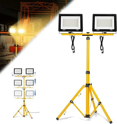 ACXIN LED Fluter Flutlicht, LED Baustrahler Arbeitsleuchte, Scheinwerfer, Superhell Strahler, Außenstrahler+ Gelb Stativ, IP66 wasserdicht, 2 Stück, 200W, Warmweiß