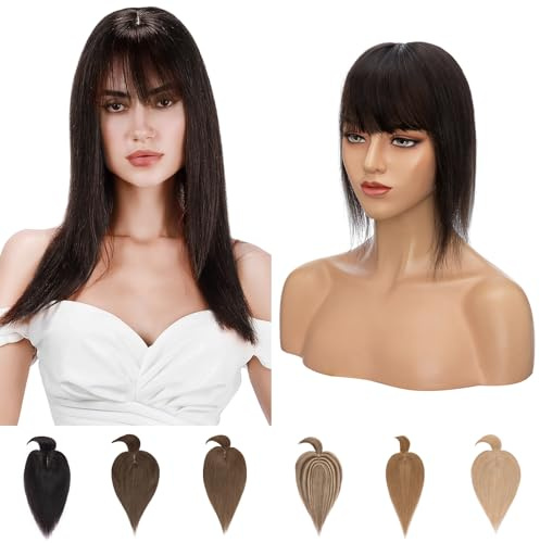 Clip in Extensions Echthaar Topper Extensions Echthaar Haarteile Echthaar Glatt Toupet Haarverdickung Haarverlängerung für Frauen 7A Remy Haare 7x13cm Base 35cm-44g 1B# Naturschwarz
