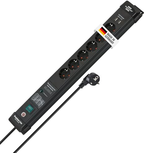 Brennenstuhl Premium-Line grenuttag 6-vägs med överspänningsskydd upp till 60000A (strömlist med 3m kabel, 2-vägs USB 3.1 A, monterbar, Made in Germany) svart