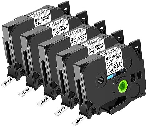NineLeaf 5 x Kompatibel für Brother P-touch TZe-111 TZe111 TZ-111 TZ111 TZE Schriftband 6mm 0.23'' Schwarz auf Transparent Laminiert Etikettenband für Ptouch PT-E300 E300VP E500 Beschriftungsgerät