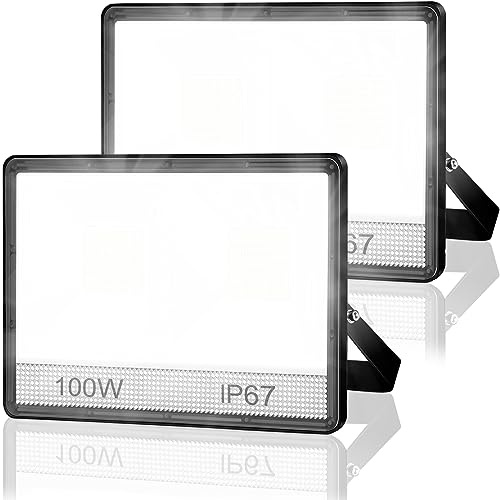 YIQIBRO LED Strahler Außen 100W, IP67 wasserdicht für Garten 2 Stück | 6500K Kaltweiß LED Fluter Außen, 2-in-1 LED Scheinwerfer mit Trafo, 10000LM Außenbeleuchtung für Lager, Garage, Sportplatz