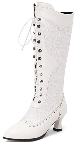 Mo Joc Botas victorianas vintage de mujer con cordones con tacones, Blanco, 39 EU