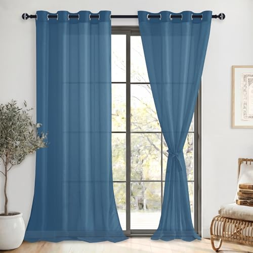 DWCN Tende per Interni in Voile con Fermatenda per Camera da Letto Trasparenti Tende Moderne con Anelli per Soggiorno 2 Pezzi, 140x260 CM, Blu Scuro