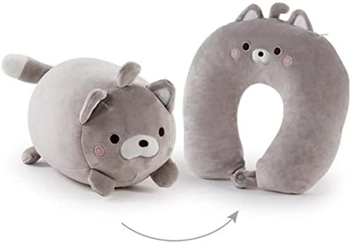 AOOPOO Nackenhörnchen 2 in 1 U-Form Nackenkissen Kopfkissen Nackenstützkissen Nackenstützen, Nackenhörnchen Verformung zur Plüsch Tier für Camping, Wandern, Auto, Flugzeug (Graue Katze)