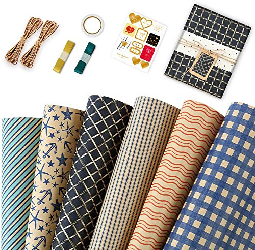 Gift Wrapping Paper - Birthday Wrapping Paper Set Included 6 Pack Recyclable Kraft Gift Wrap Sheets with Sticker, Ribbon - Present Gift Wrap for Birthdays, DIY, Party or Wedding, Any Occasion