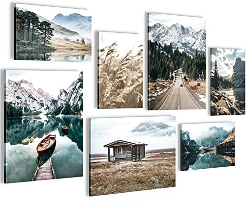 Novart Wandbilder See Berge Landschaft - KOMPLETT AUFHÄNGFERTIG - Natur Wohnzimmer Schlafzimmer - 7 Moderne Mood-Bilder - N007371a