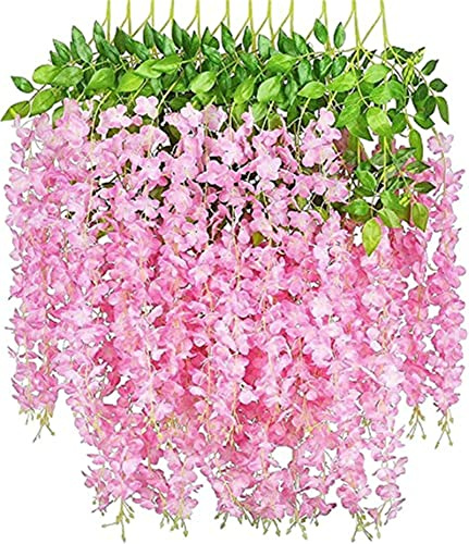 Ailovone Kunstblumen Künstliche Glyzinien Blumen 12 stück hängepflanze künstlich Kunstblumen für den Außenbereich kunstblumen Balkon für Party Home Dekoration Hochzeiten 110 cm (Rosa)