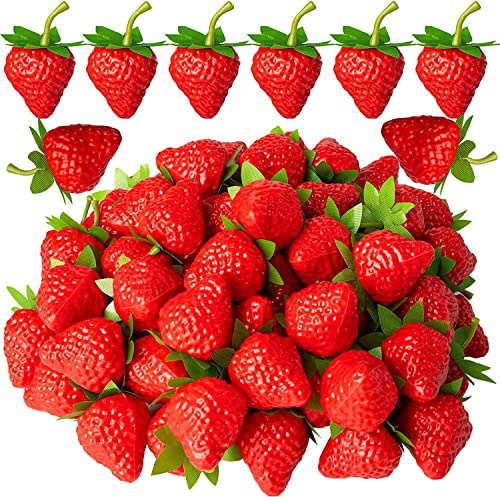 SYOZPXY 40Pcs Erdbeeren aus Kunststoff, Künstliche Rote Erdbeeren | Gefälschte Lebensechte Früchte Kunststoff Erdbeeren für Home Kitchen Party Decor Fotografie Prop