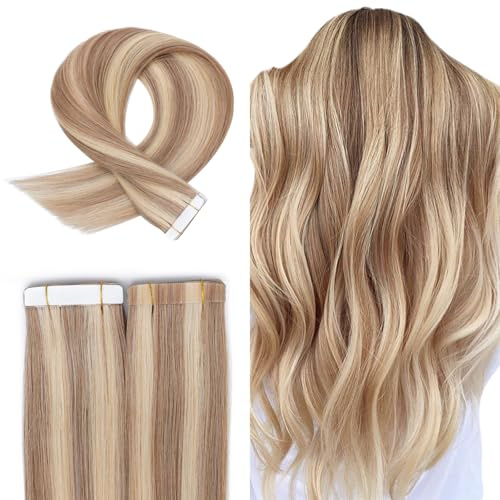 TESS Tape Extensions Echthaar 30 cm, Blond Balayage Tape Klebeband Haarverlängerung 20 pcs Glatt Hellbraun/Lichtblond Balayage Remy Tape in Hair Extensions für Haarverdichtung (20pcs-20g)