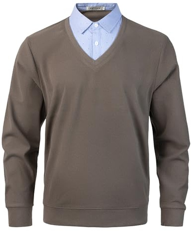 Oralidera Herr Mock skjorta tröjor långärmad stickad pullover jumper höst vinter stickad tröja med falsk skjorta krage, BEIgE, XXL
