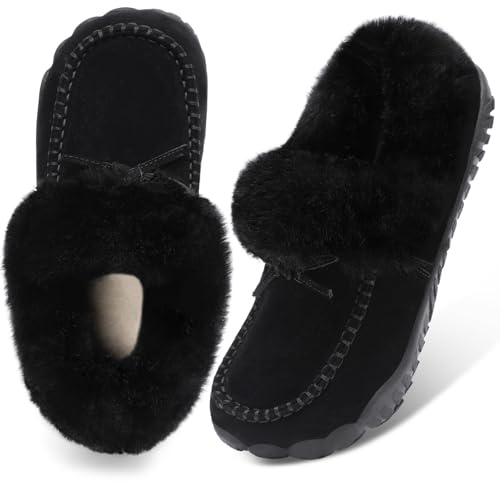 BARERUN Winter Flat Boots Warm Durable Shoes Casual Fashion Fur Lining Ankle Snow Boots Loafer Flats Black Fur Boots for Women Black Women Size 8.5