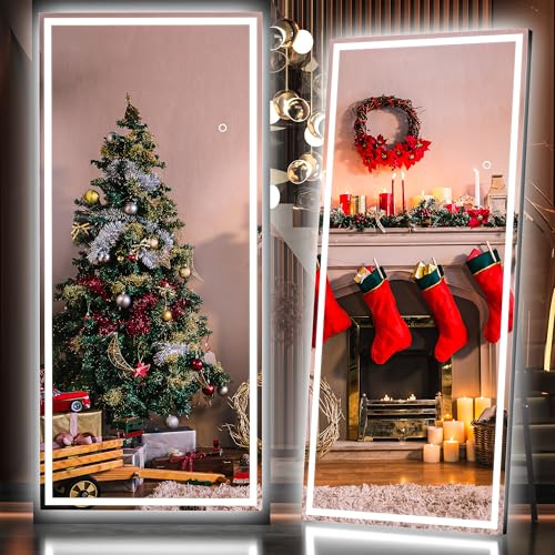 Hasipu Full Length Mirror with Lights, 200x80cm LED Lighted Floor Standing Mirror 3 Color Lighting, Full Body Dressing Hanging Mounted Mirrors, Dimmable, Tempered Glass, Safe to Use