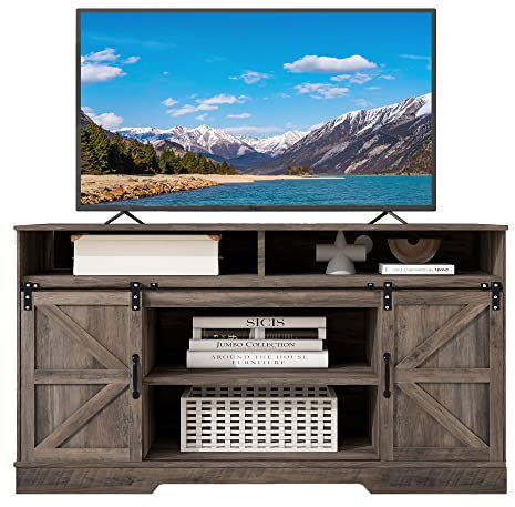 I0I&I0I Meuble TV rustique avec portes coulissantes et étagères réglables - 150 cm de large (gris)