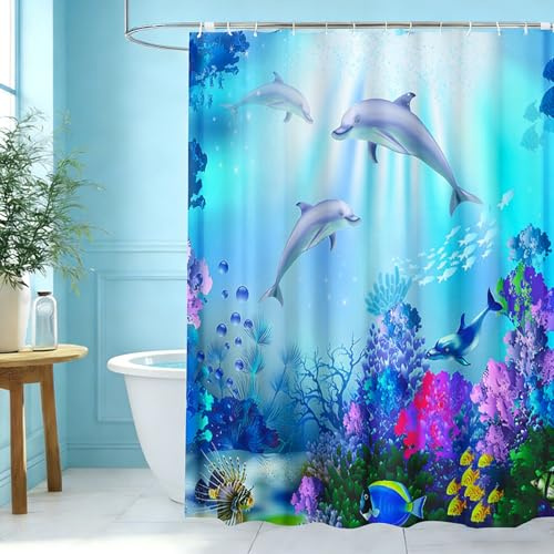 wiipara Duschvorhang 180x200cm, Wasserabweisende Duschvorhänge Blau Delphin Shower Curtains Bad Vorhang, Waschbar Badzimmer Badewanne Vorhang Duschvorhang Anti Schimmel mit 12 Duschvorhangringe